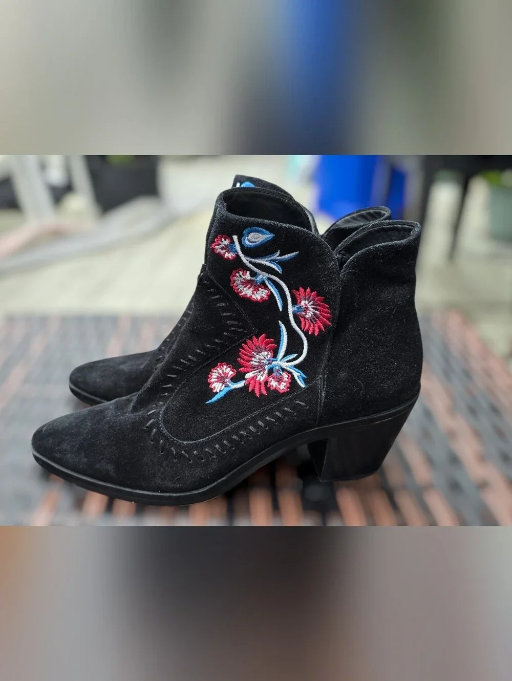 Rebecca Minkoff Black Suede Embroidered Ankle Boots